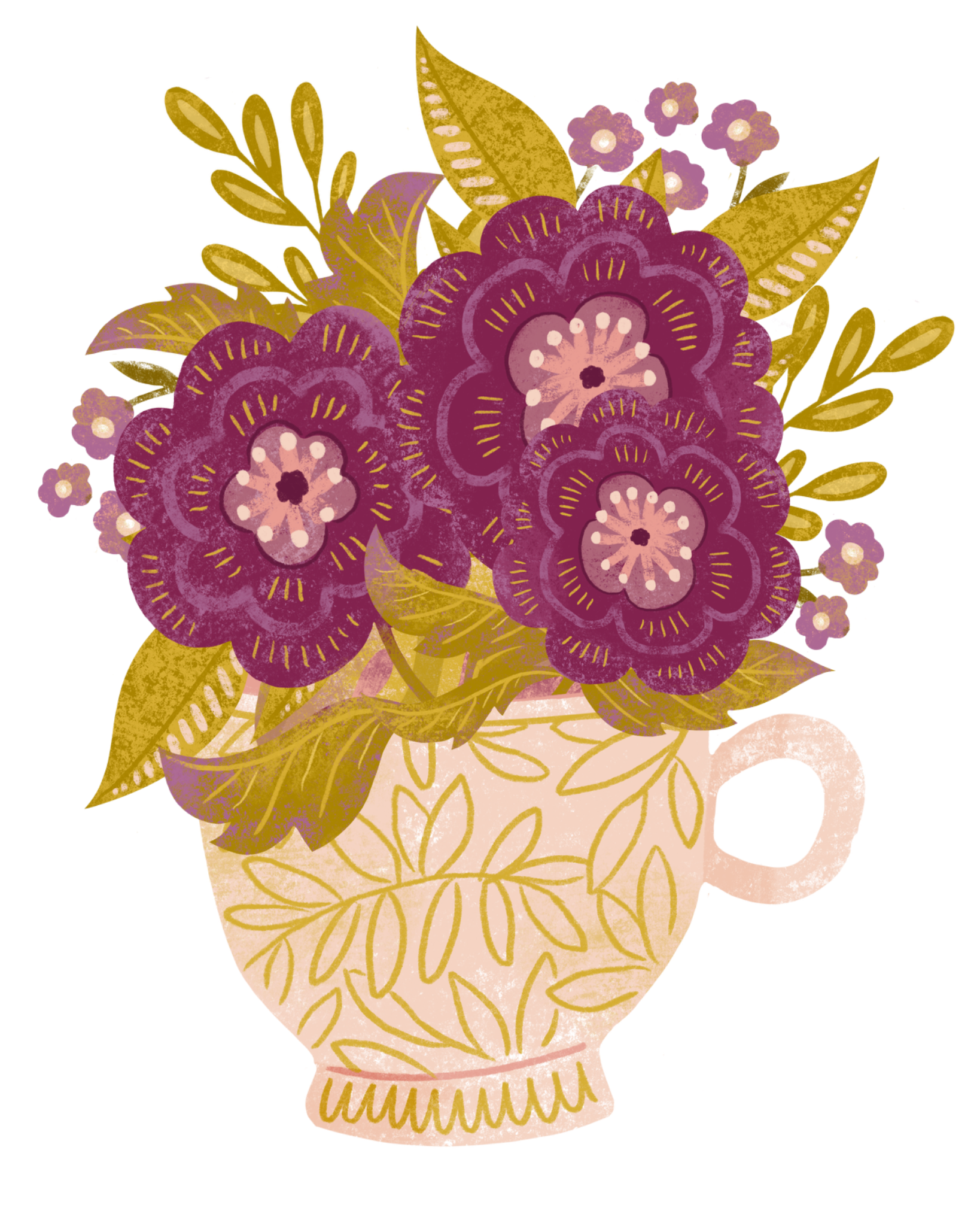 A hand-drawn teacup overflowing with plum and gold flowers